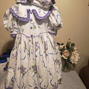 84C Vintage 80's 90's Factory Made Dress Daisy Kingdom Purple White Floral W Hat